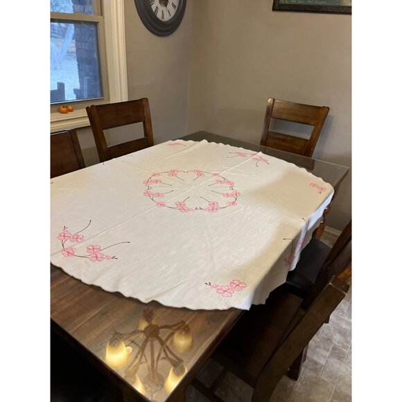 Vintage Handmade Round Tablecloth Used Cream with Pink and Brown - Picture 3 of 16